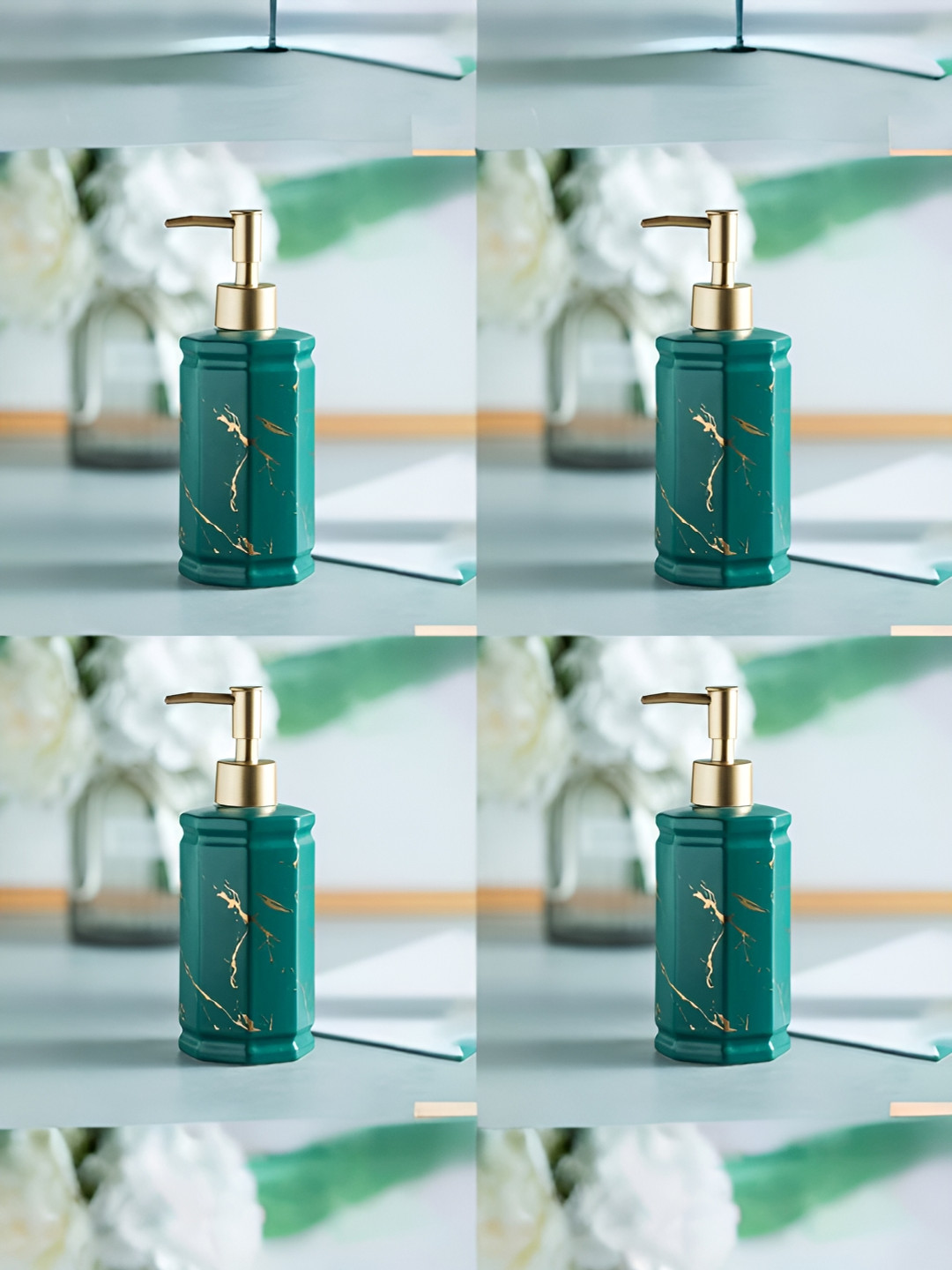 

USHA SHRIRAM Green & Gold Toned 4 Pieces Ceramic Soap Dispenser 350ml