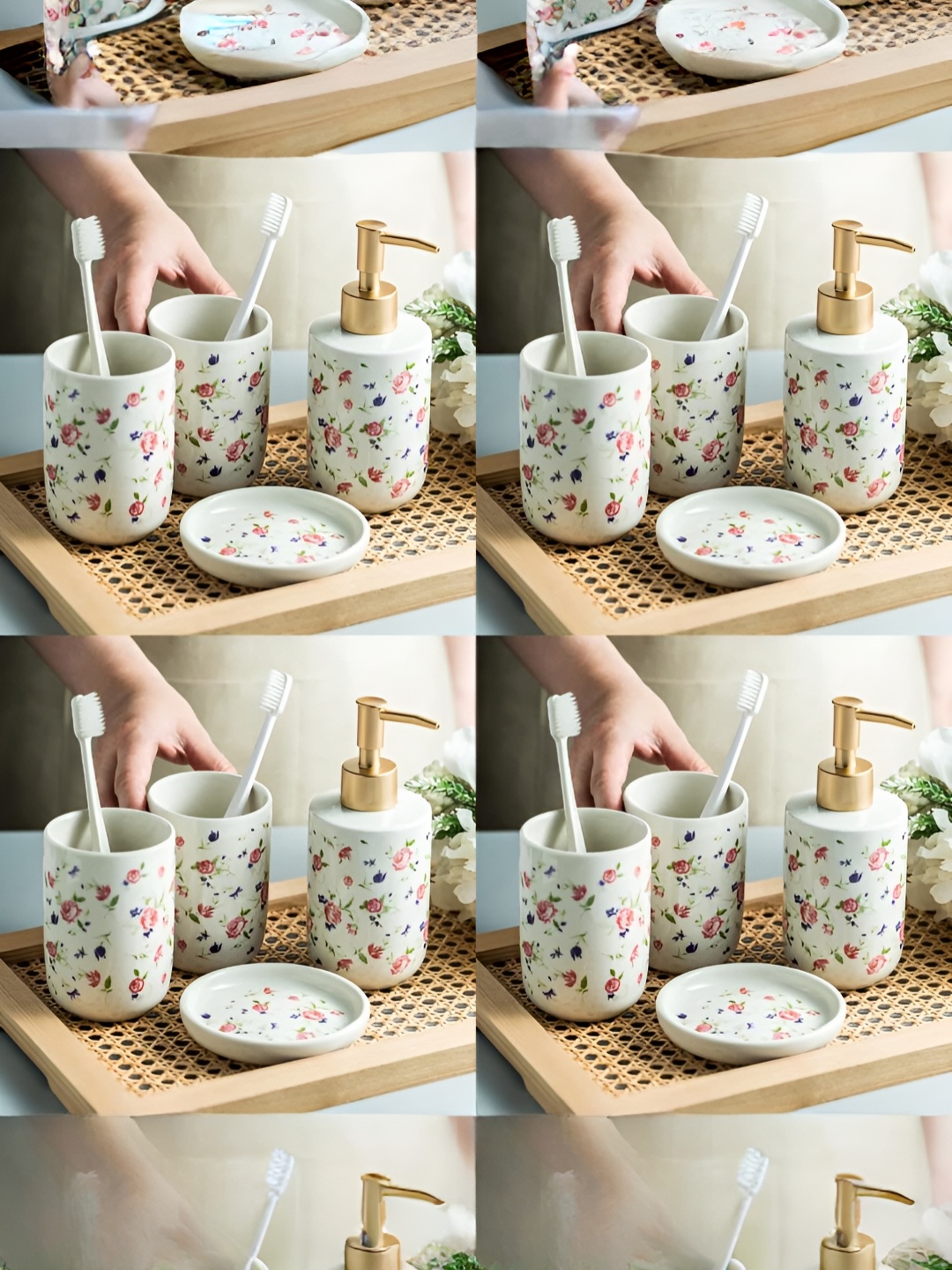 USHA SHRIRAM White & Pink 4 Pieces Floral Ceramic Bath Accessories Set