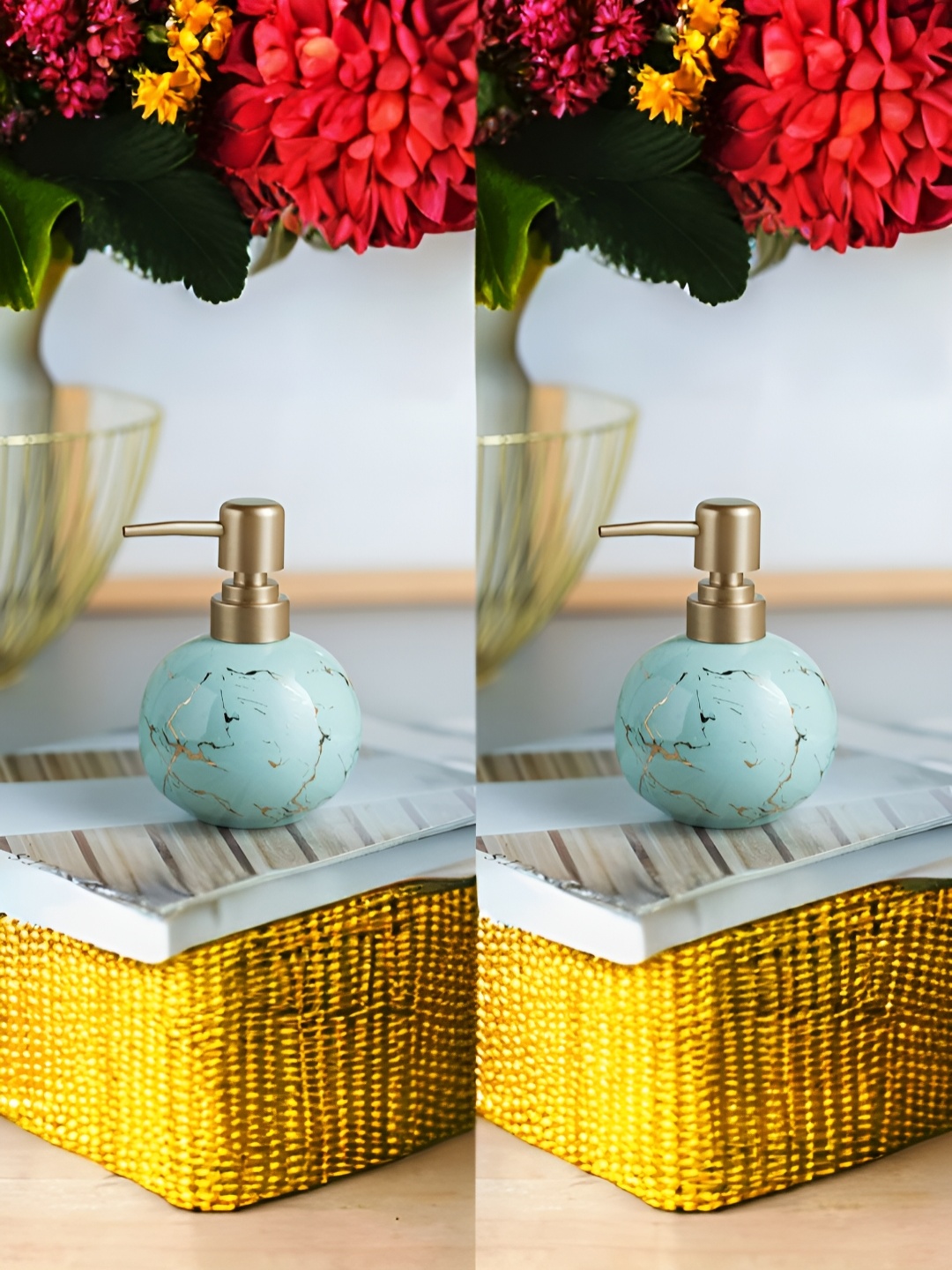

USHA SHRIRAM Blue & Gold-Toned 2 Pieces Printed Ceramic Soap Dispenser 300 ml