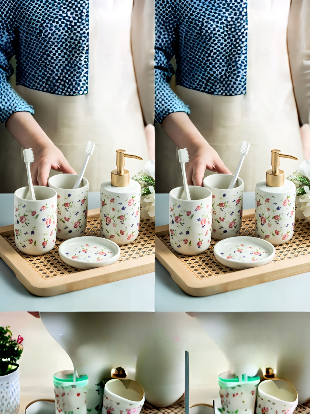 

USHA SHRIRAM White 4 Pieces Floral Ceramic Contemporary Bath Accessories Set