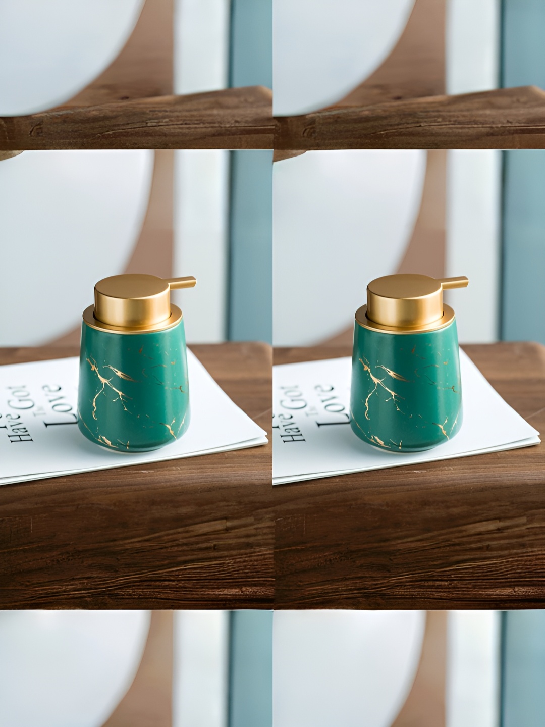 

USHA SHRIRAM Blue & Gold toned 2 Pcs Ceramic Soap Dispenser Bottle 400 ml