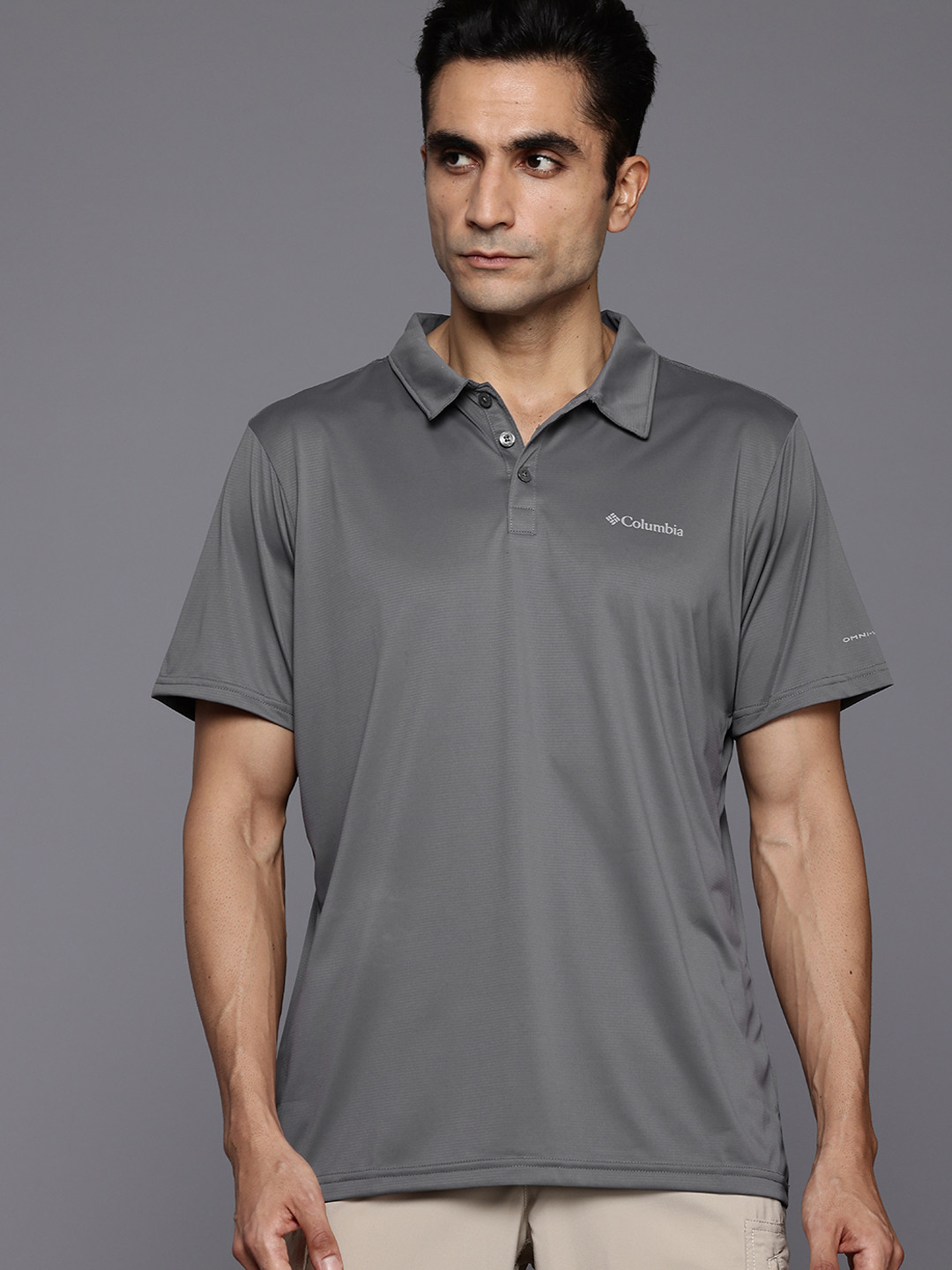 

Columbia Men Brand Logo Printed Polo Collar Hike T-shirt, Grey