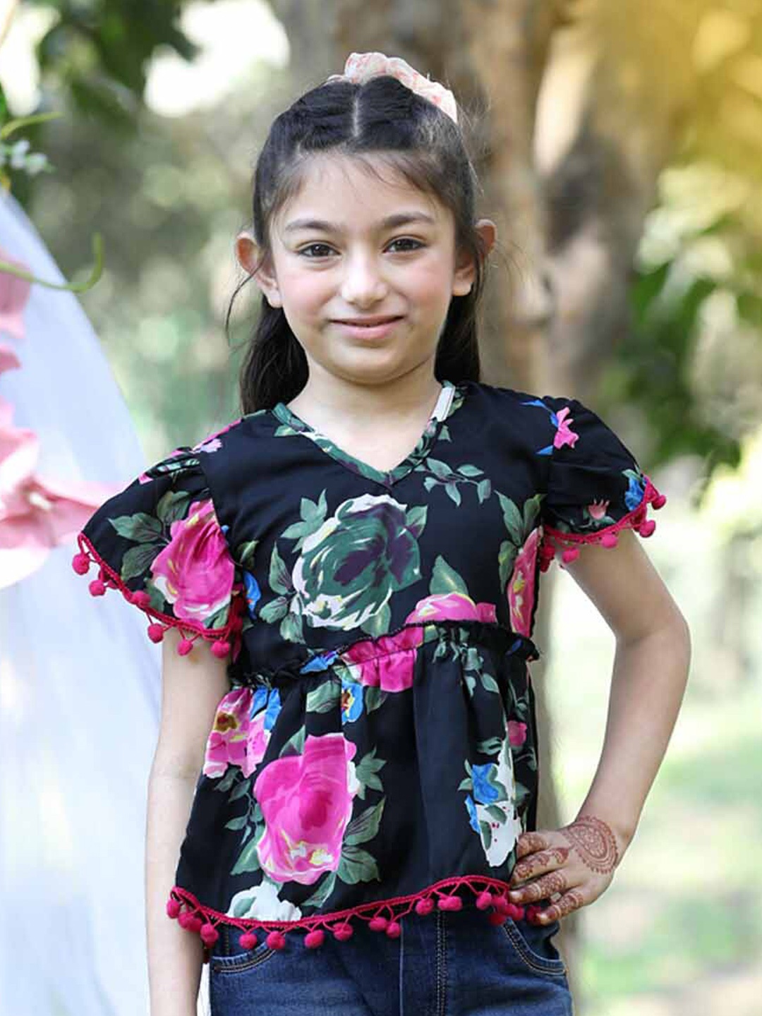 

Cutiekins Girls Floral Printed Flared Sleeves Top, Black