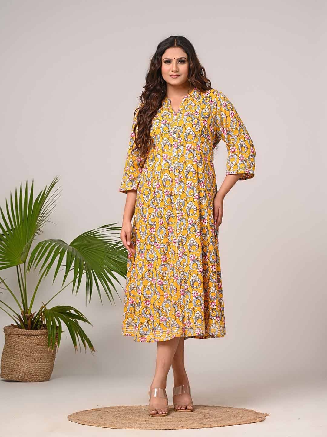 

KALINI Floral Printed Mandarin Collar Gotta Patti Fit & Flare Dress, Yellow