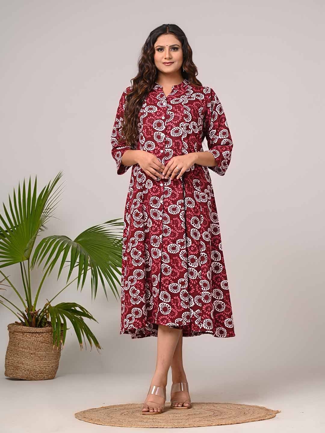 

Swasti Floral Printed A-Line Midi Dress, Maroon