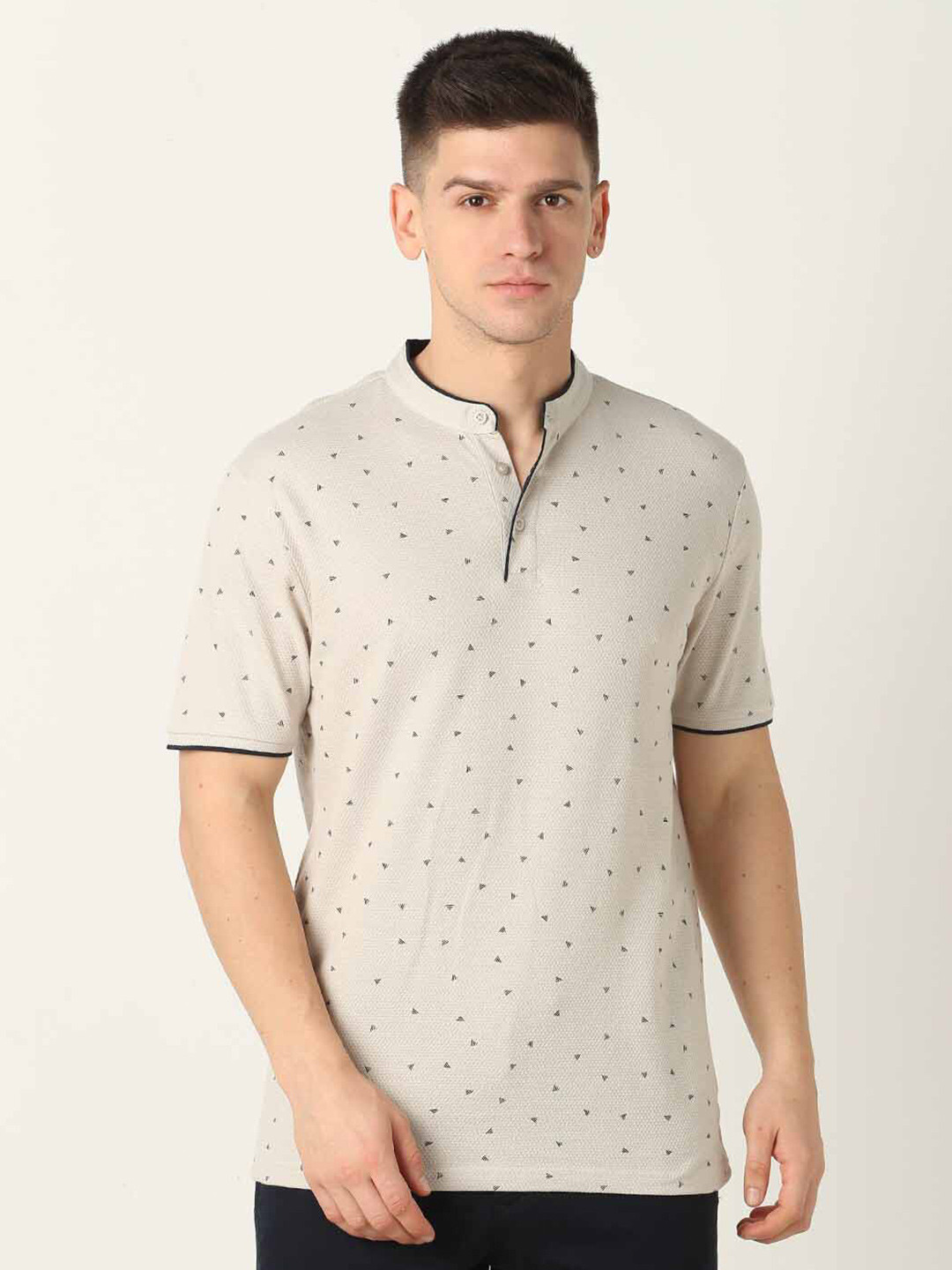 

R&B Printed Short Sleeves Mandarin Collar Cotton T-shirt, Beige