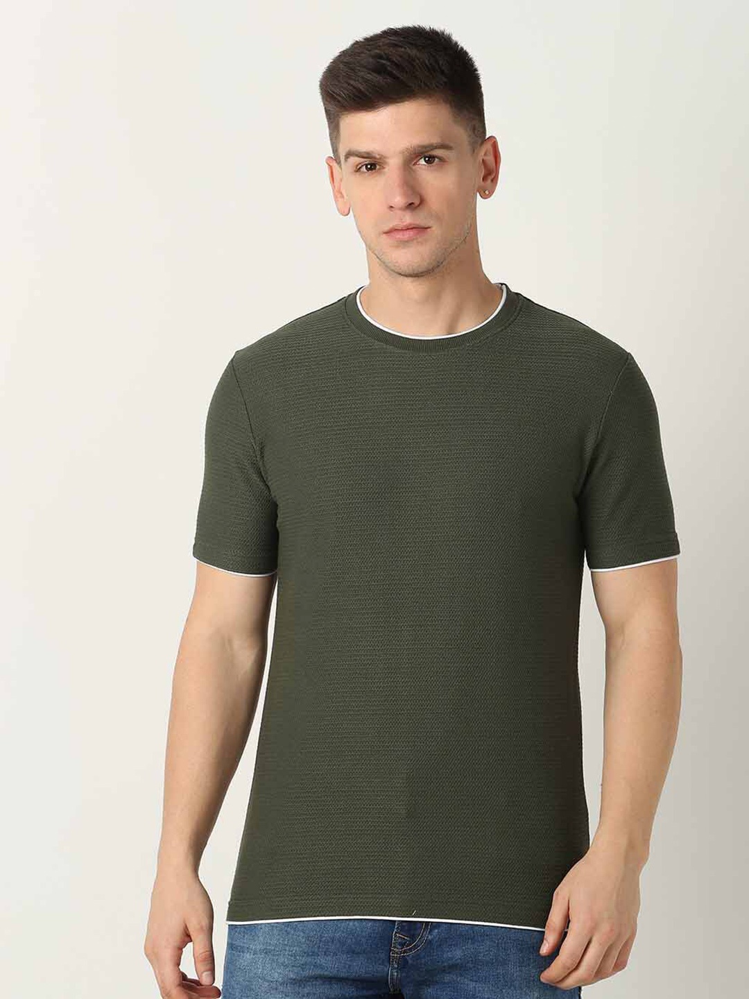 

R&B Regular Fit Short Sleeves Round Neck Cotton Raw Edge T-shirt, Olive