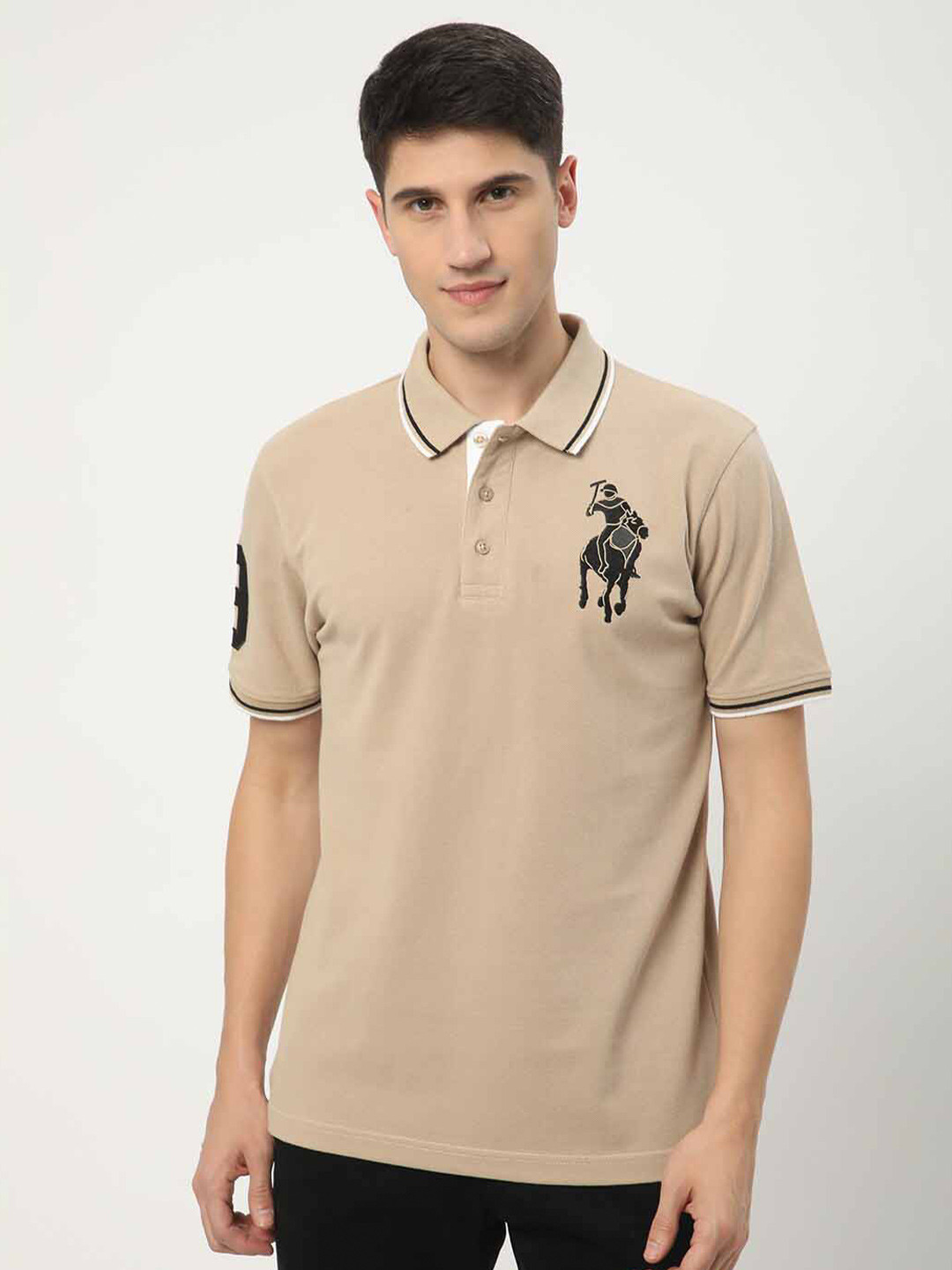 

R&B Polo Collar Applique T-shirt, Beige