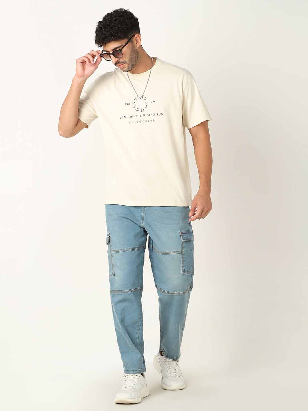 

R&B Typography Printed Round Neck Cotton T-shirt, Beige