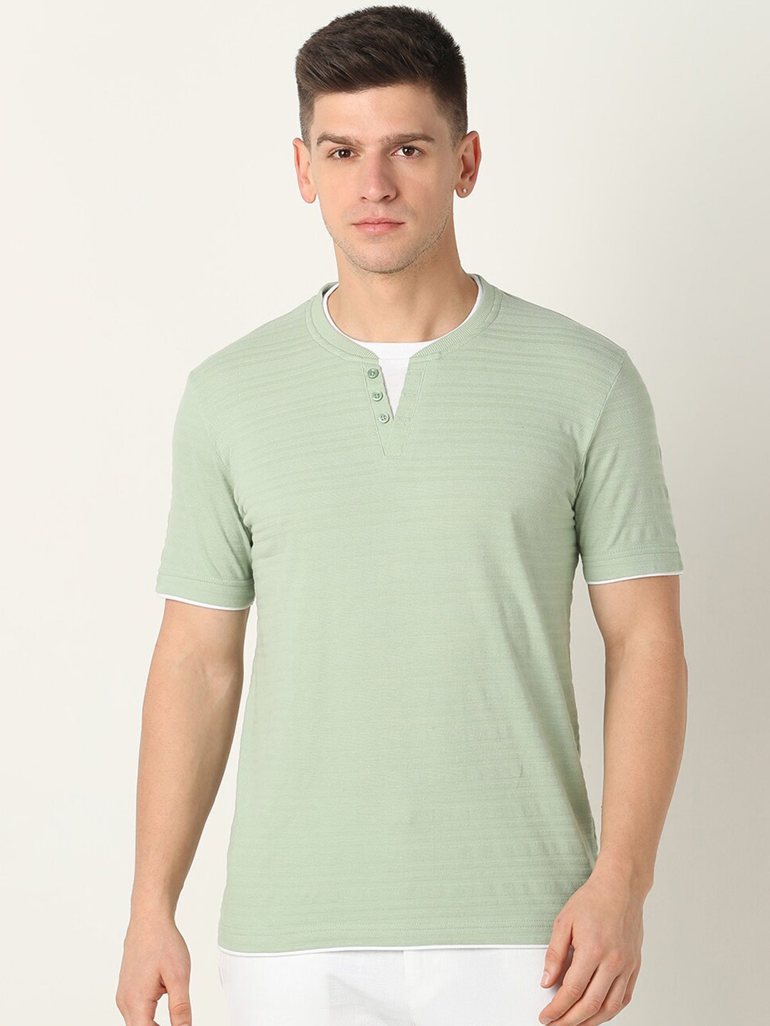 

R&B Self Design Henley Neck Cotton T-shirt, Green