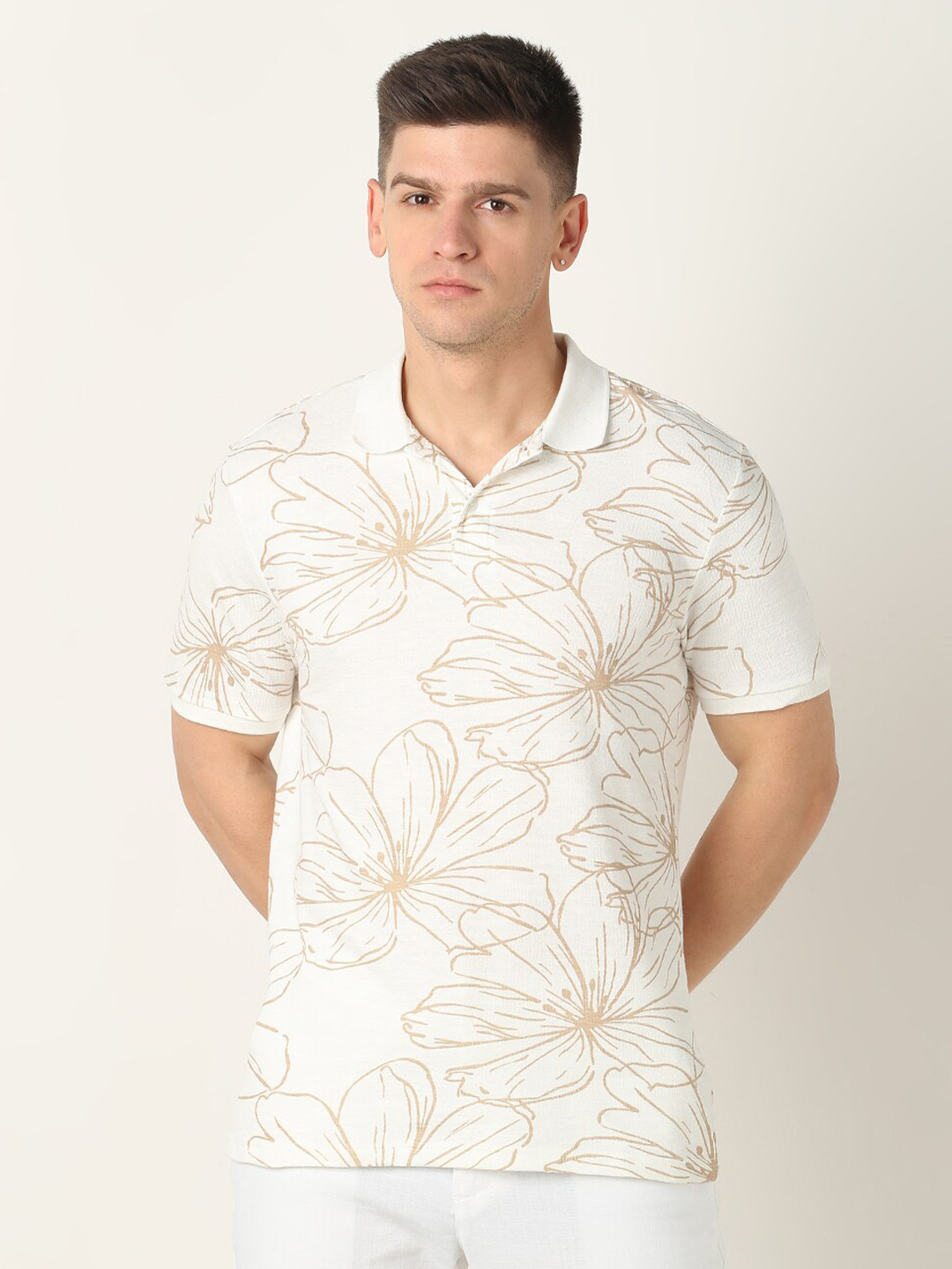 

R&B Floral Printed Polo Collar Short Sleeves Cotton Regular T-shirt, White