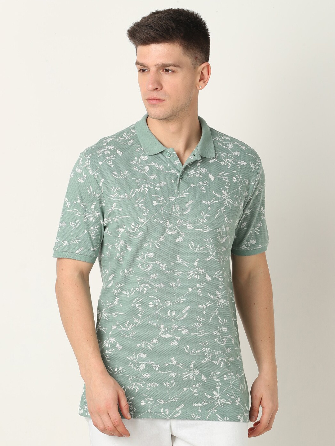 

R&B Floral Printed Polo Collar Cotton T-shirt, Green