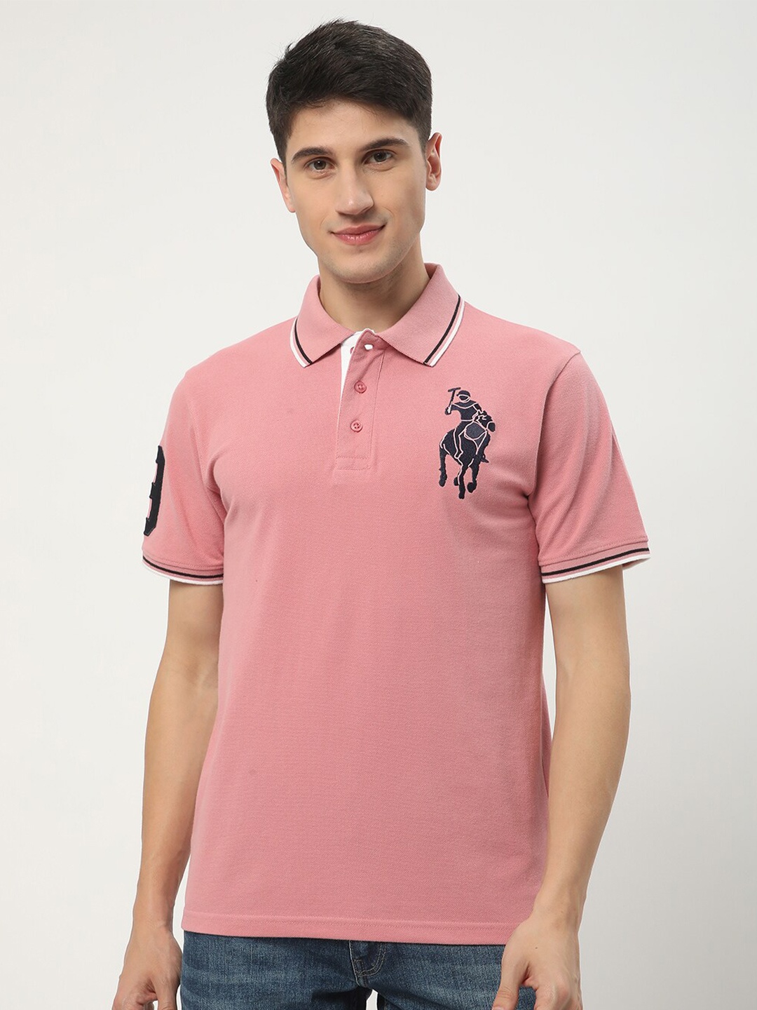 

R&B Polo Collar Applique T-shirt, Pink