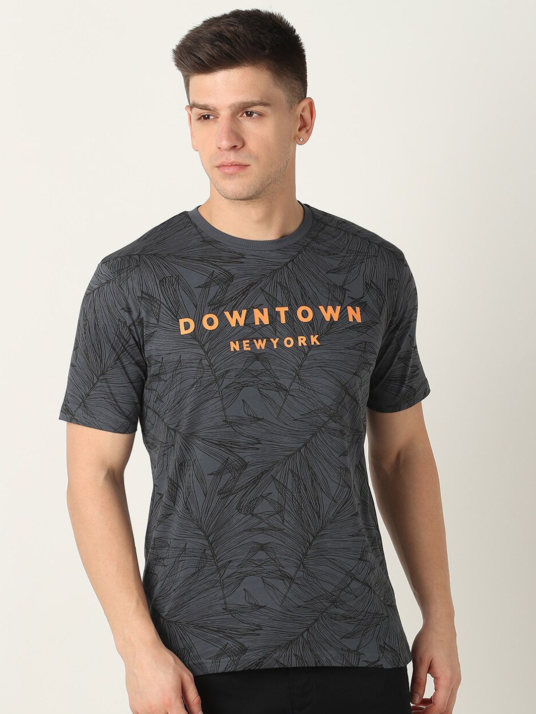 

R&B Tropical Printed Round Neck Cotton T-shirt, Grey