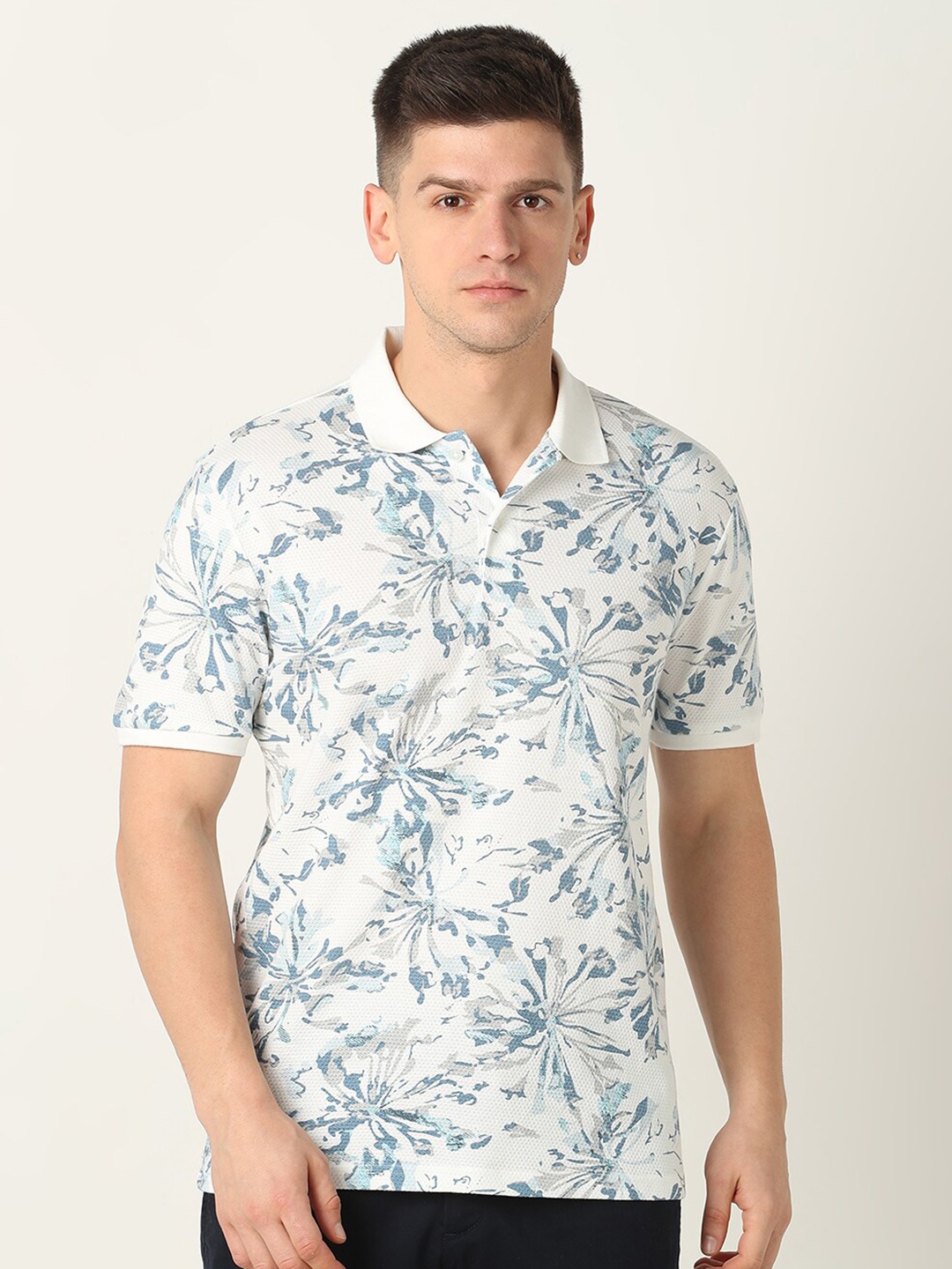 

R&B Floral Printed Polo Collar Cotton T-shirt, White