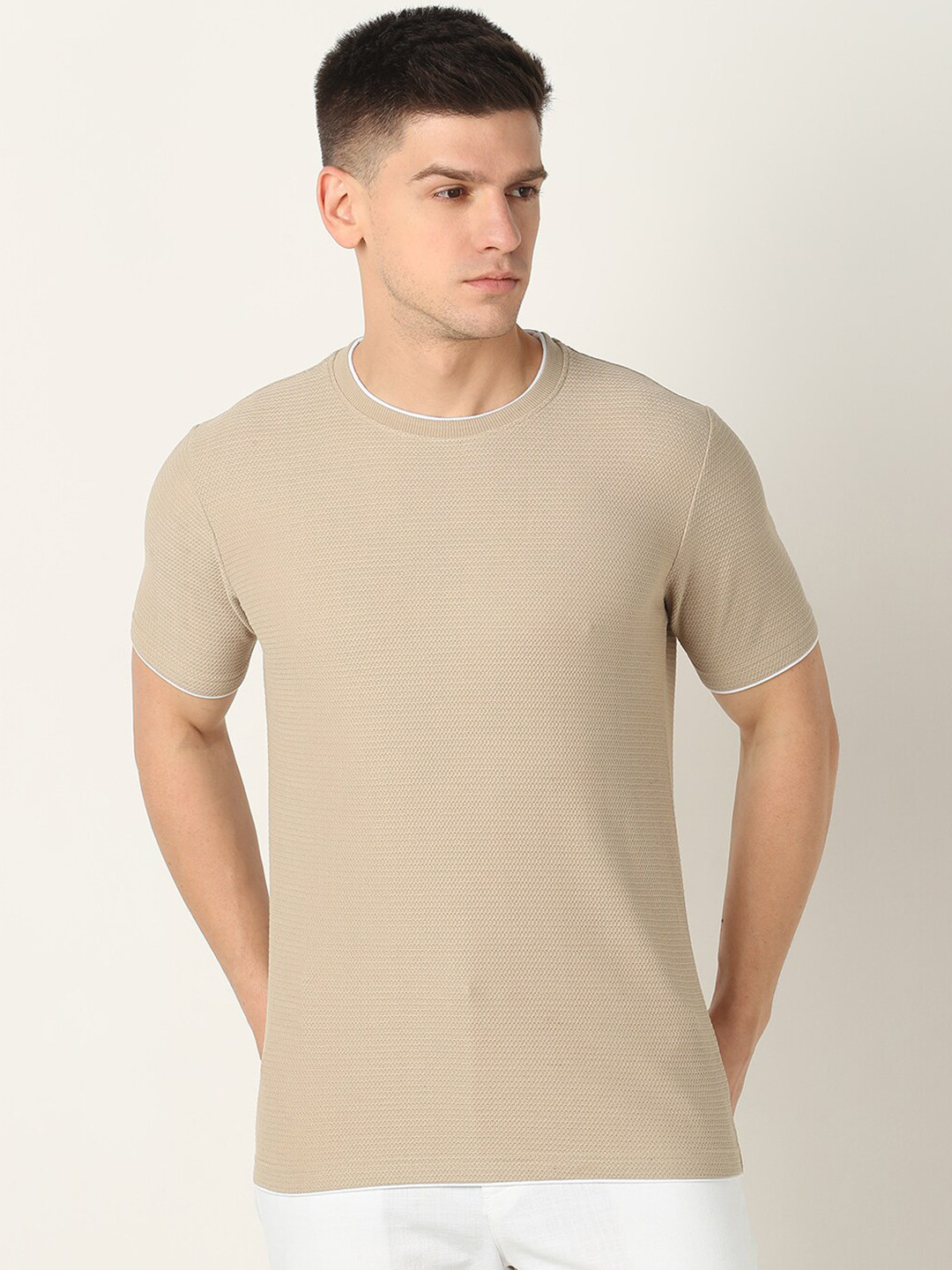 

R&B Round Neck Short Sleeves T-shirt, Beige