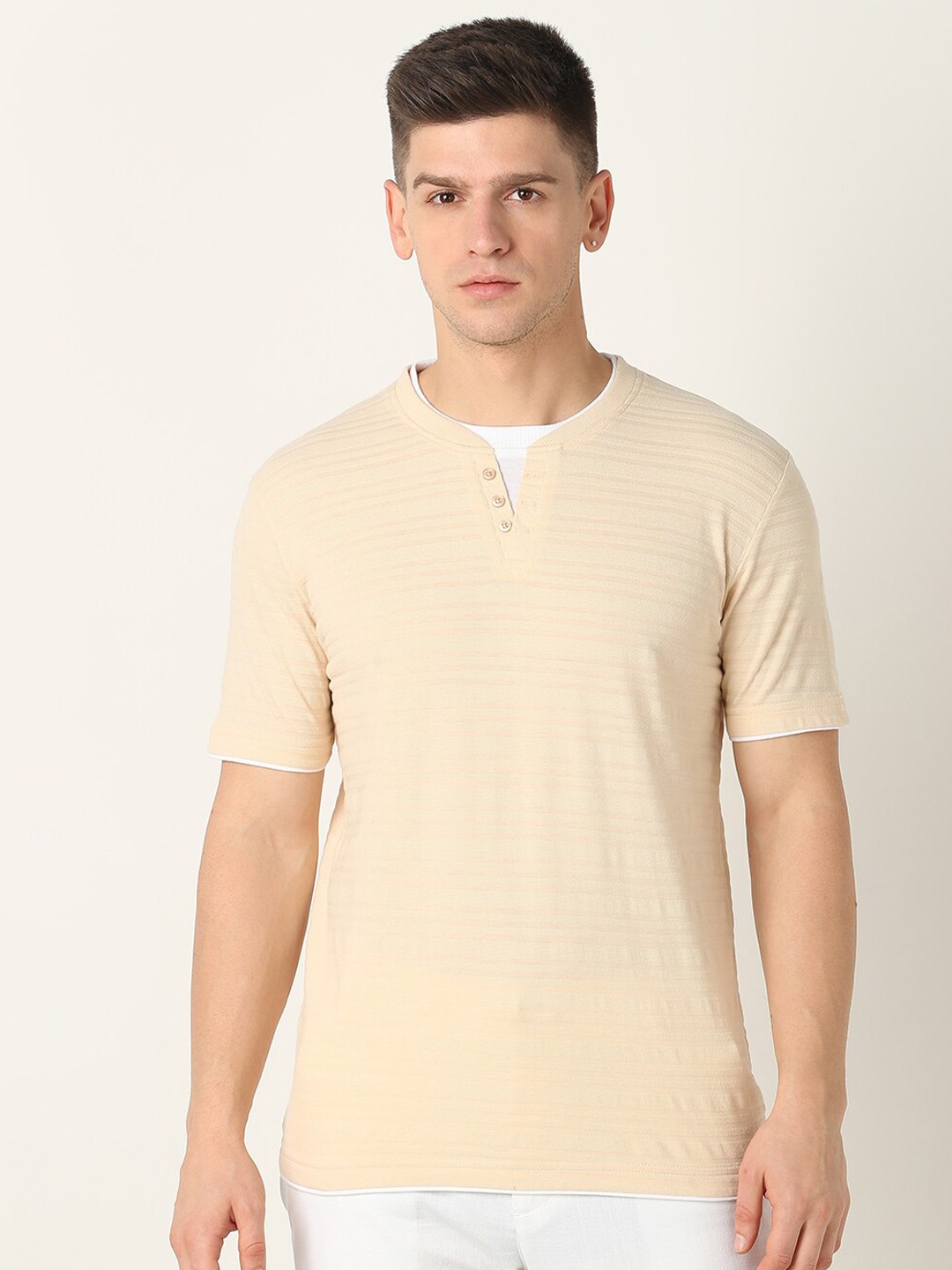 

R&B Henley Neck Short Sleeves T-shirt, Beige