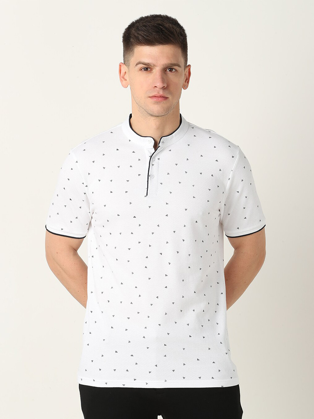 

R&B Printed Mandarin Collar T-shirt, White
