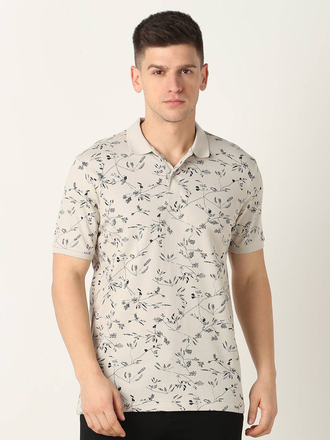

R&B Printed Polo Collar T-shirt, Beige