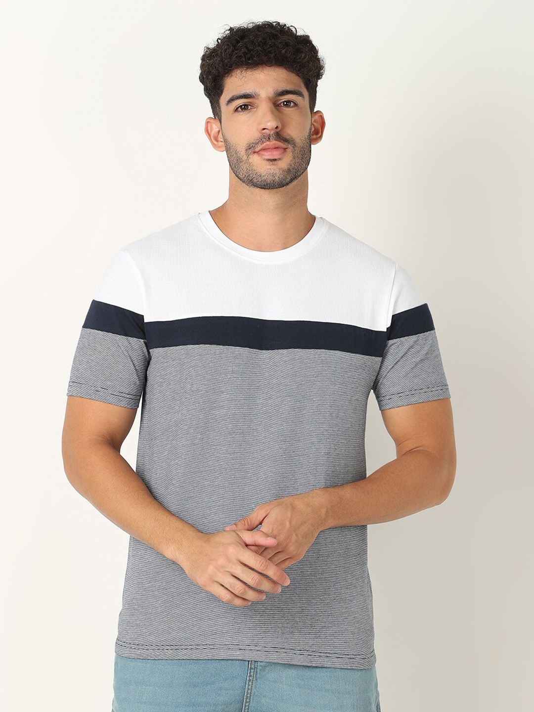 

R&B Striped Regular Fit Short Sleeves Round Neck Cotton T-shirt, Blue