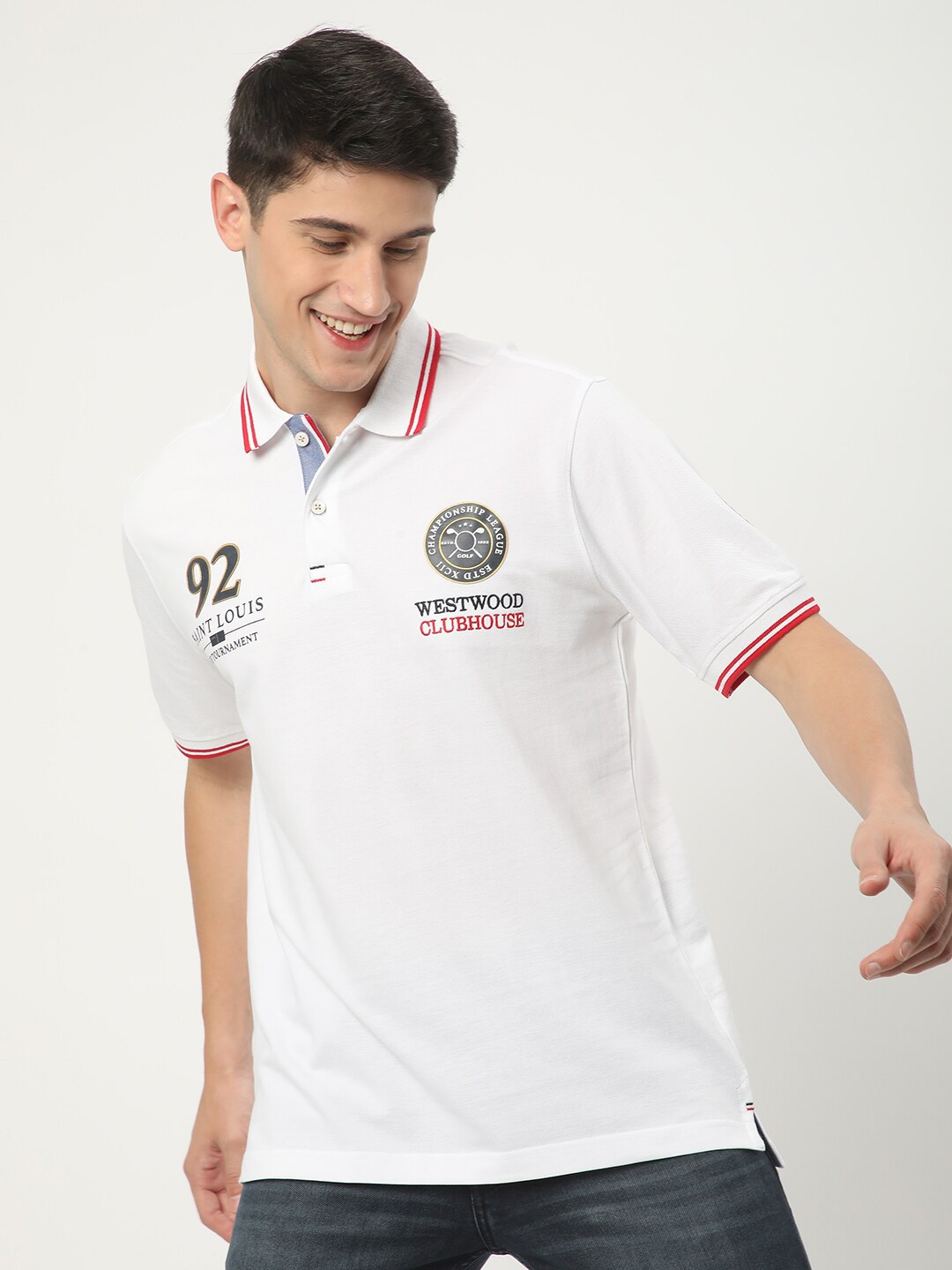 

R&B Regular Fit Short Sleeves Printed Polo Collar Cotton T-shirt, White