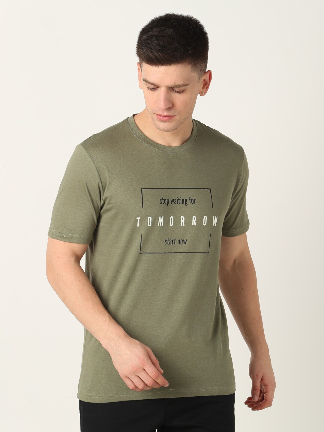

R&B Typography Printed Round Neck Cotton T-shirt, Green