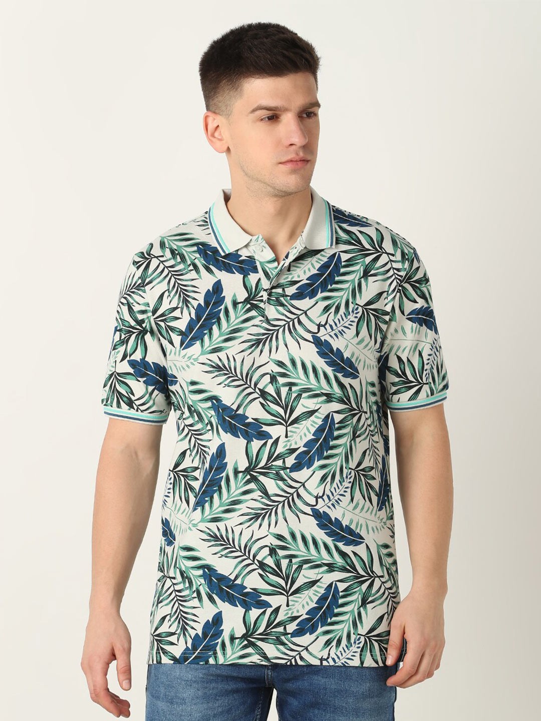 

R&B Tropical Printed Polo Collar T-shirt, White