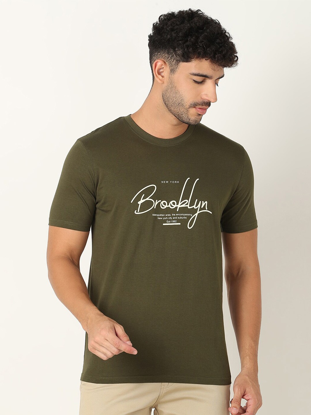 

R&B Men Typography Printed Round Neck Cotton T-shirt, Green