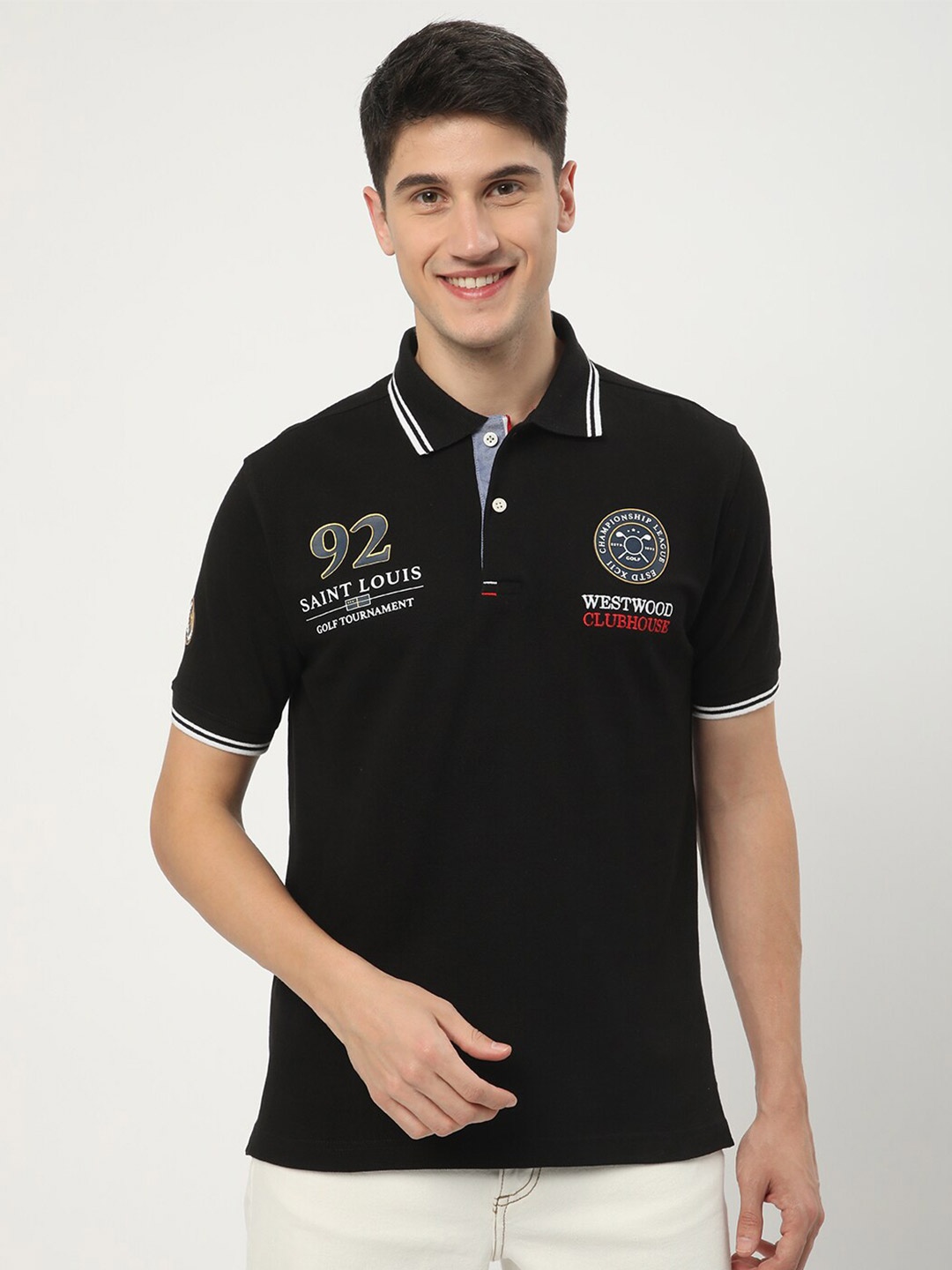 

R&B Printed Polo Collar T-shirt, Black