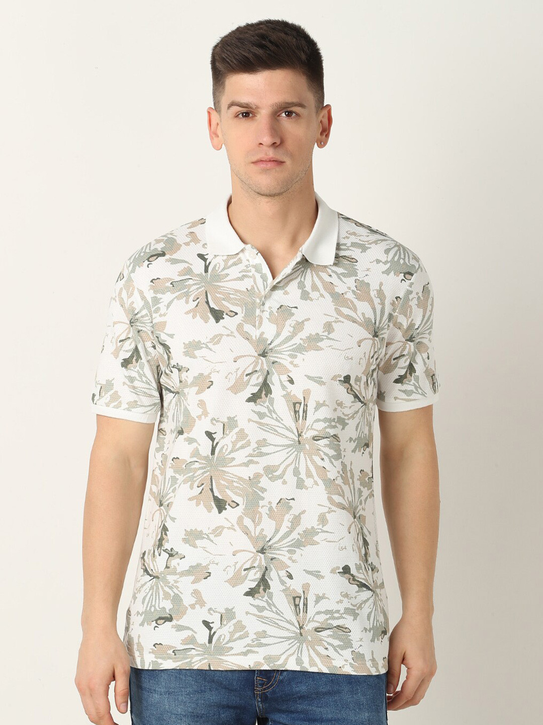 

R&B Floral Printed Polo Collar Cotton T-shirt, Beige