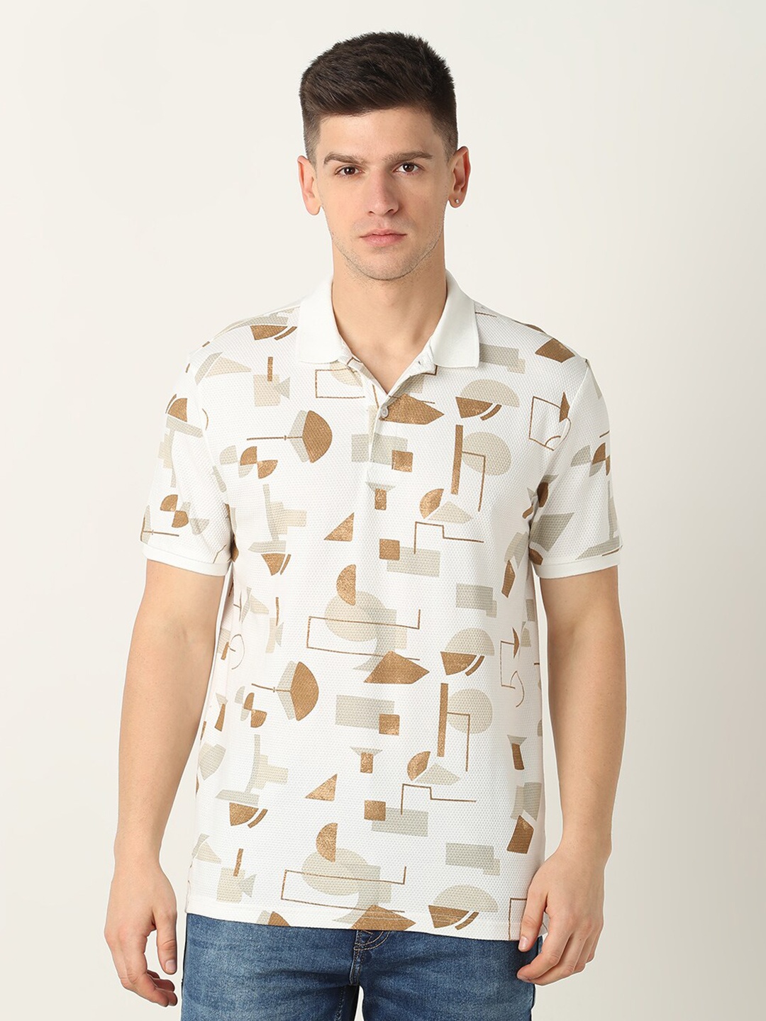 

R&B Printed Polo Collar T-shirt, White