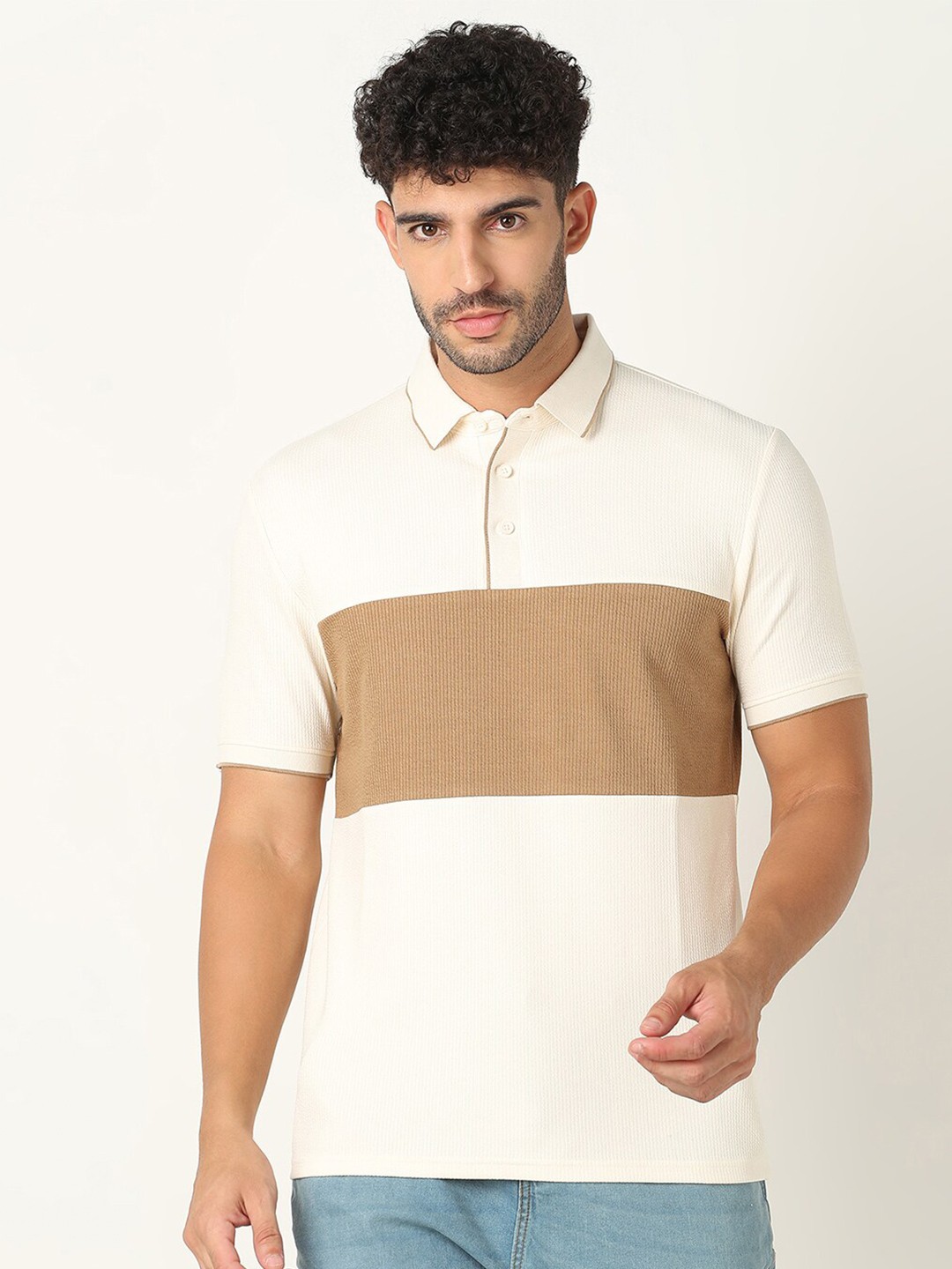 

R&B Colourblocked Polo Collar T-shirt, White