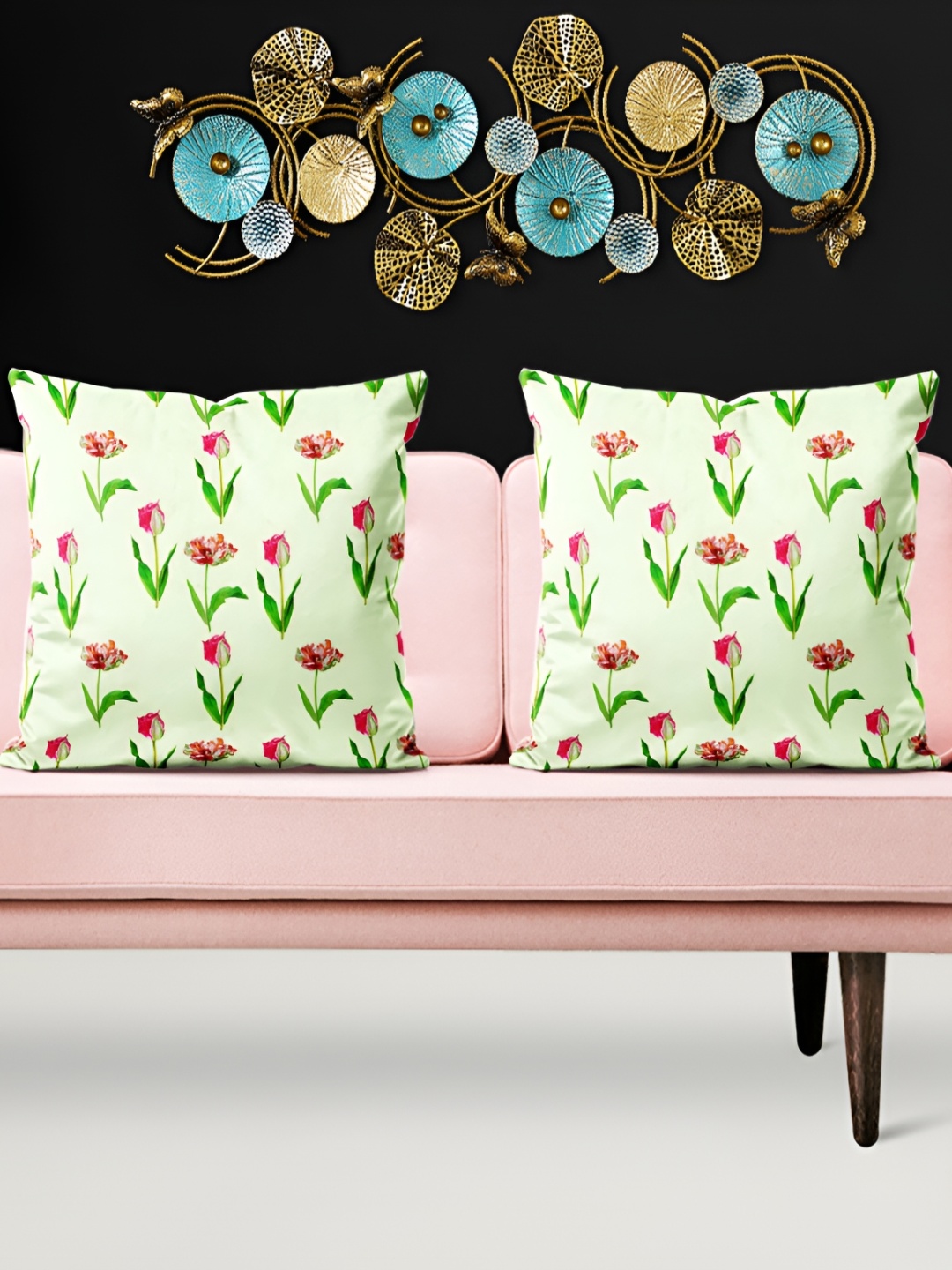 

ArtzFolio Green & Pink 5 Pcs Floral Velvet Square Cushion Covers