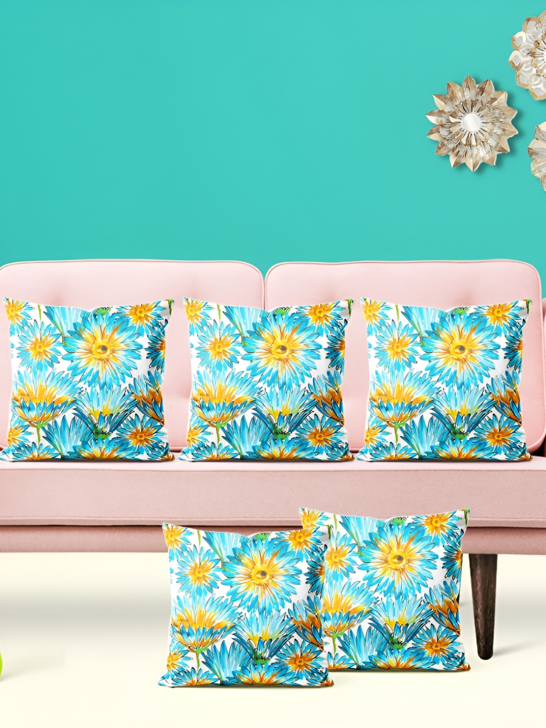 

ArtzFolio Blue Yellow 5 Pieces Floral Velvet Square Cushion Covers