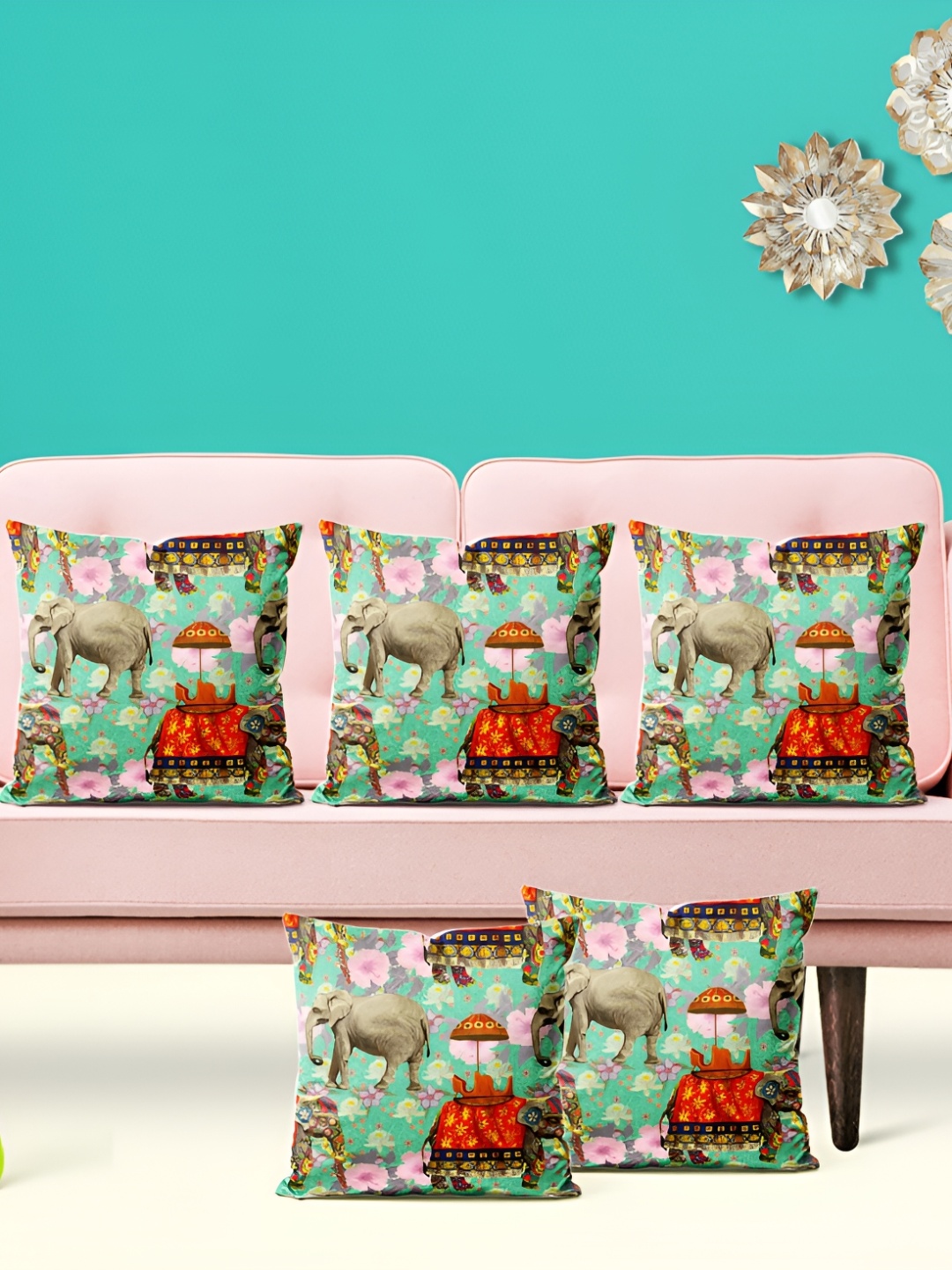

ArtzFolio Green & Grey 5 Pieces Printed Velvet Square Cushion Covers