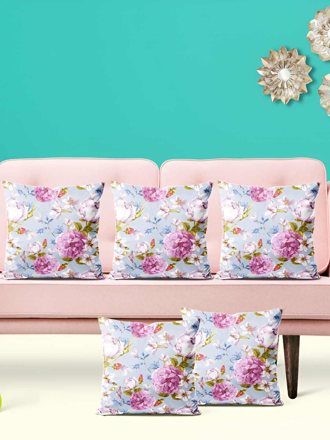 

ArtzFolio Blue 5 Pieces Floral Square Cushion Covers
