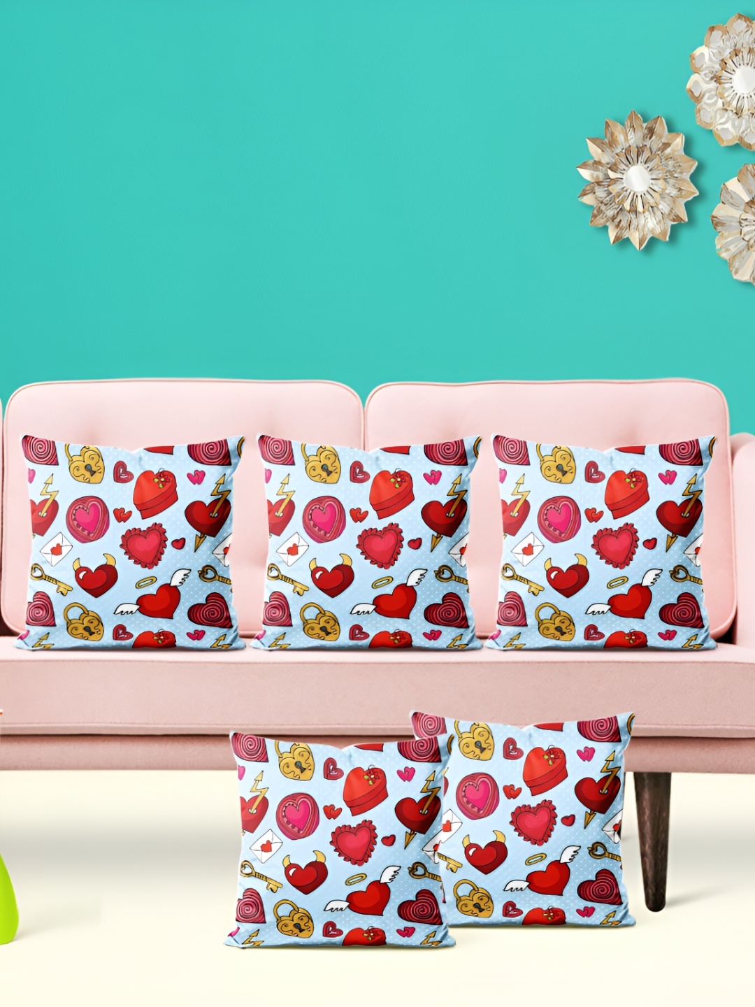 

ArtzFolio Blue & Red 5 Pieces Abstract Printed Velvet Square Cushion Covers
