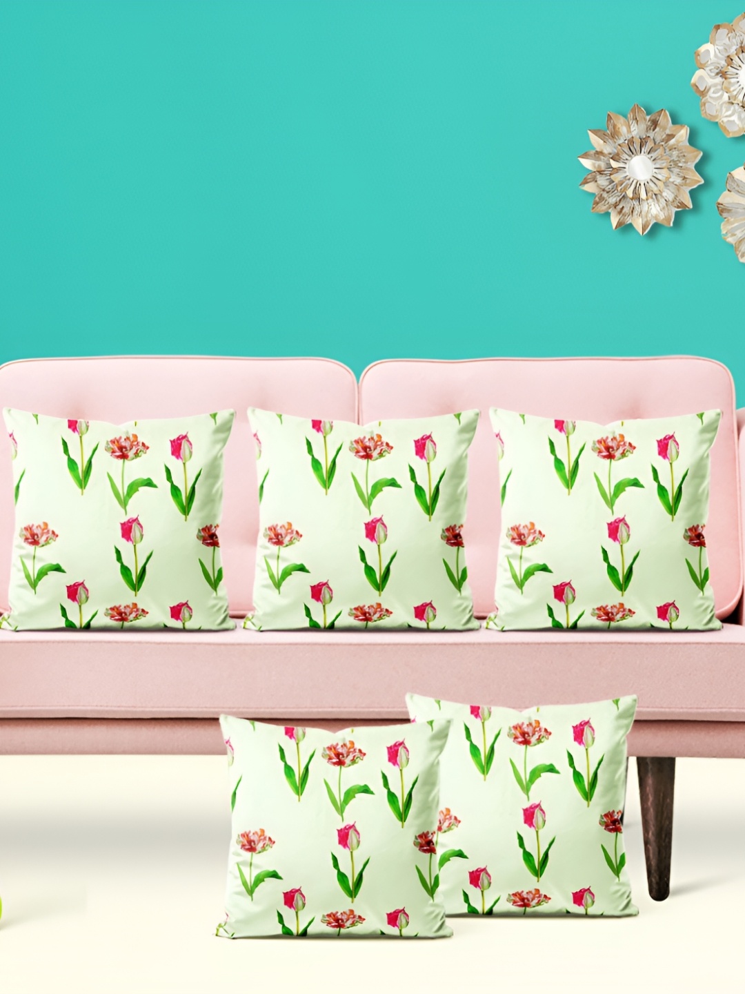 

ArtzFolio Green Pink 5 Pieces Floral Square Cushion Covers