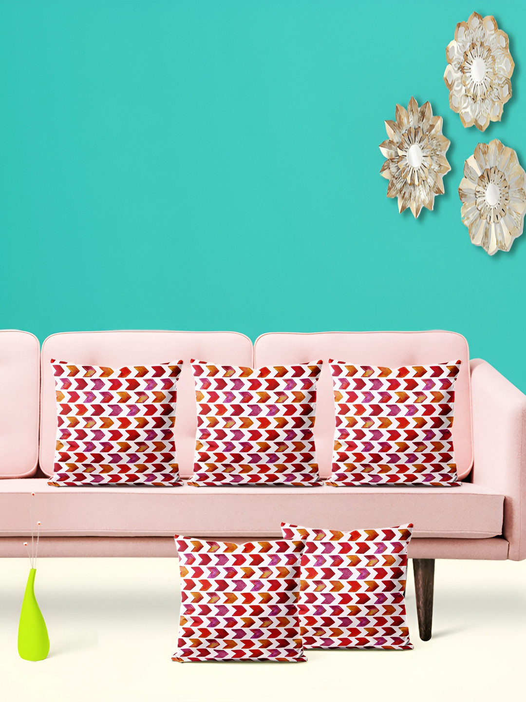 

ArtzFolio White & Red 5 Pieces Geometric Printed Square Cushion Covers