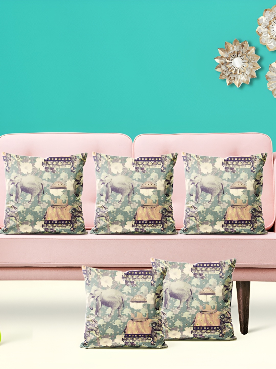 

ArtzFolio Green Cream 5 Pieces Square Cushion Covers