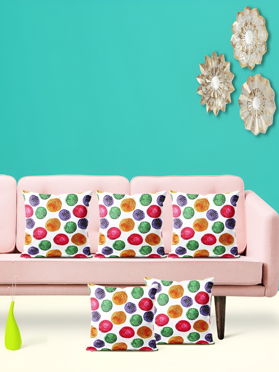 

ArtzFolio White & Green Printed 5 Pieces Square Cushion Covers