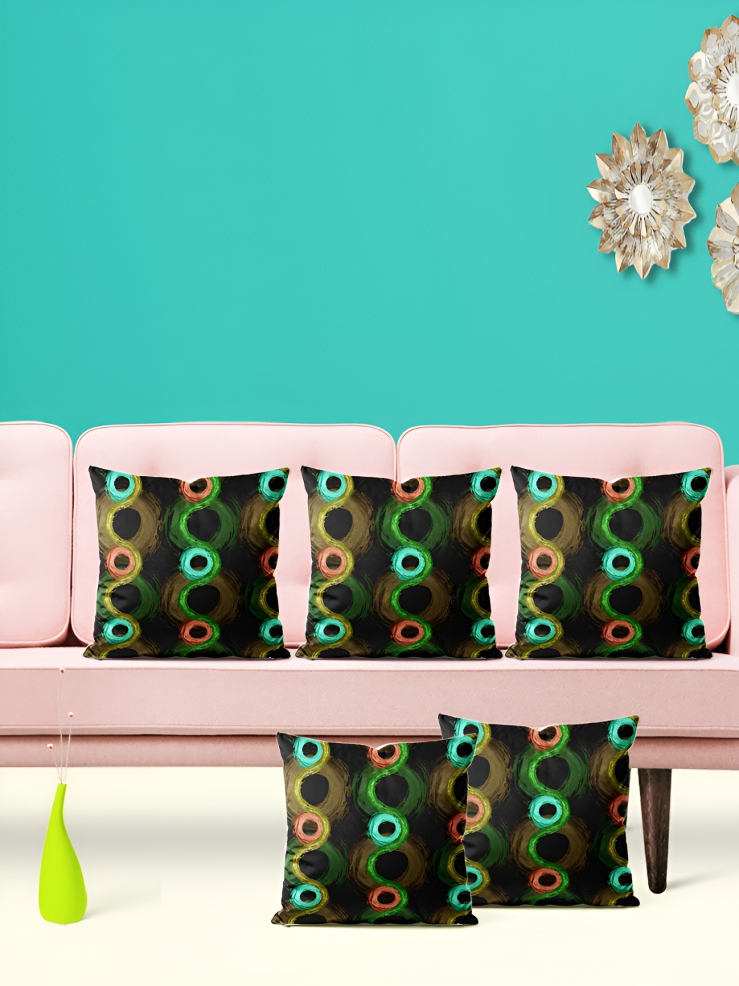 

ArtzFolio Green & Black 5 Pieces Velvet Square Cushion Covers