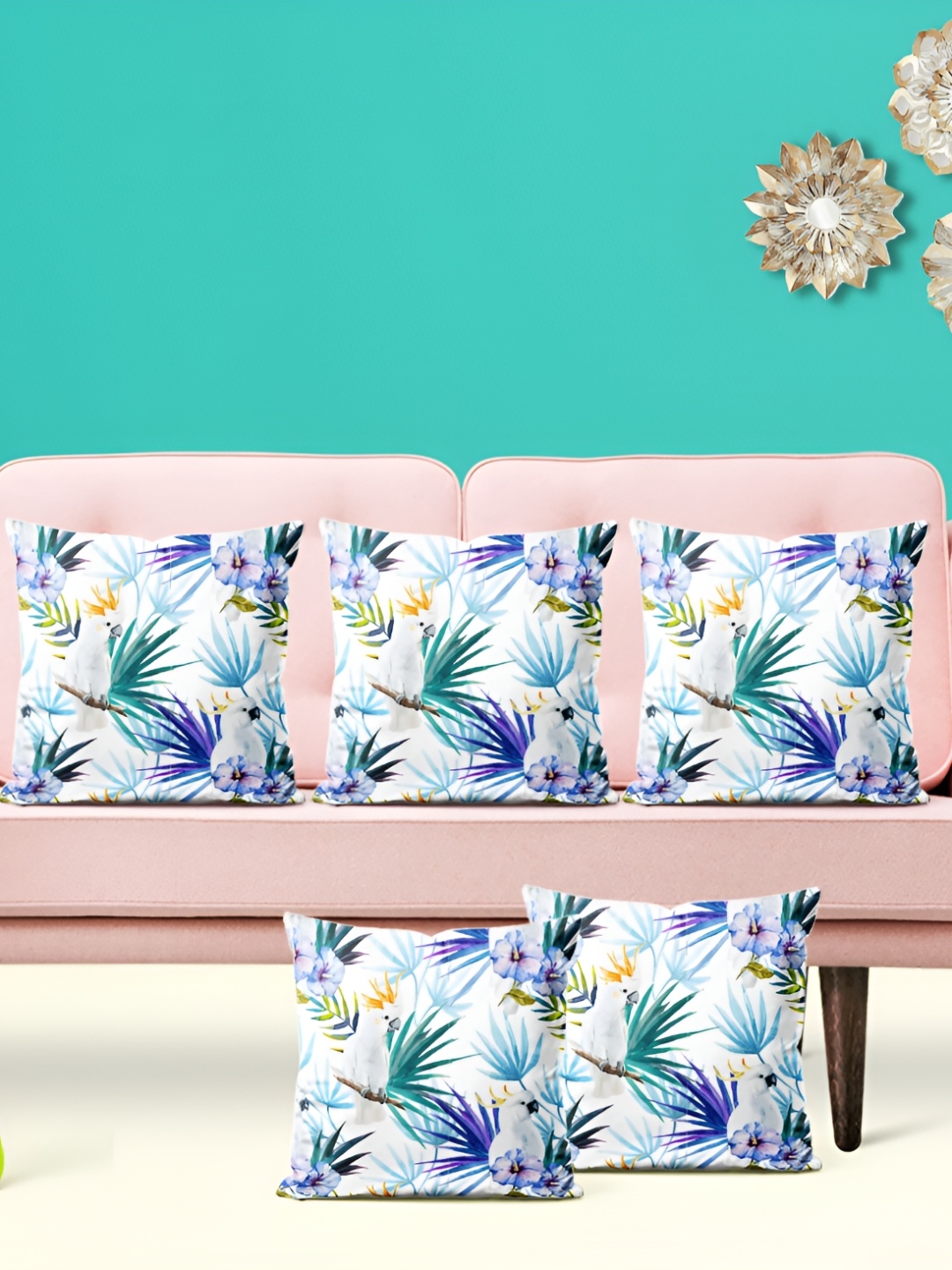 

ArtzFolio White & Blue 5 Pieces Floral Printed Velvet Square Cushion Covers