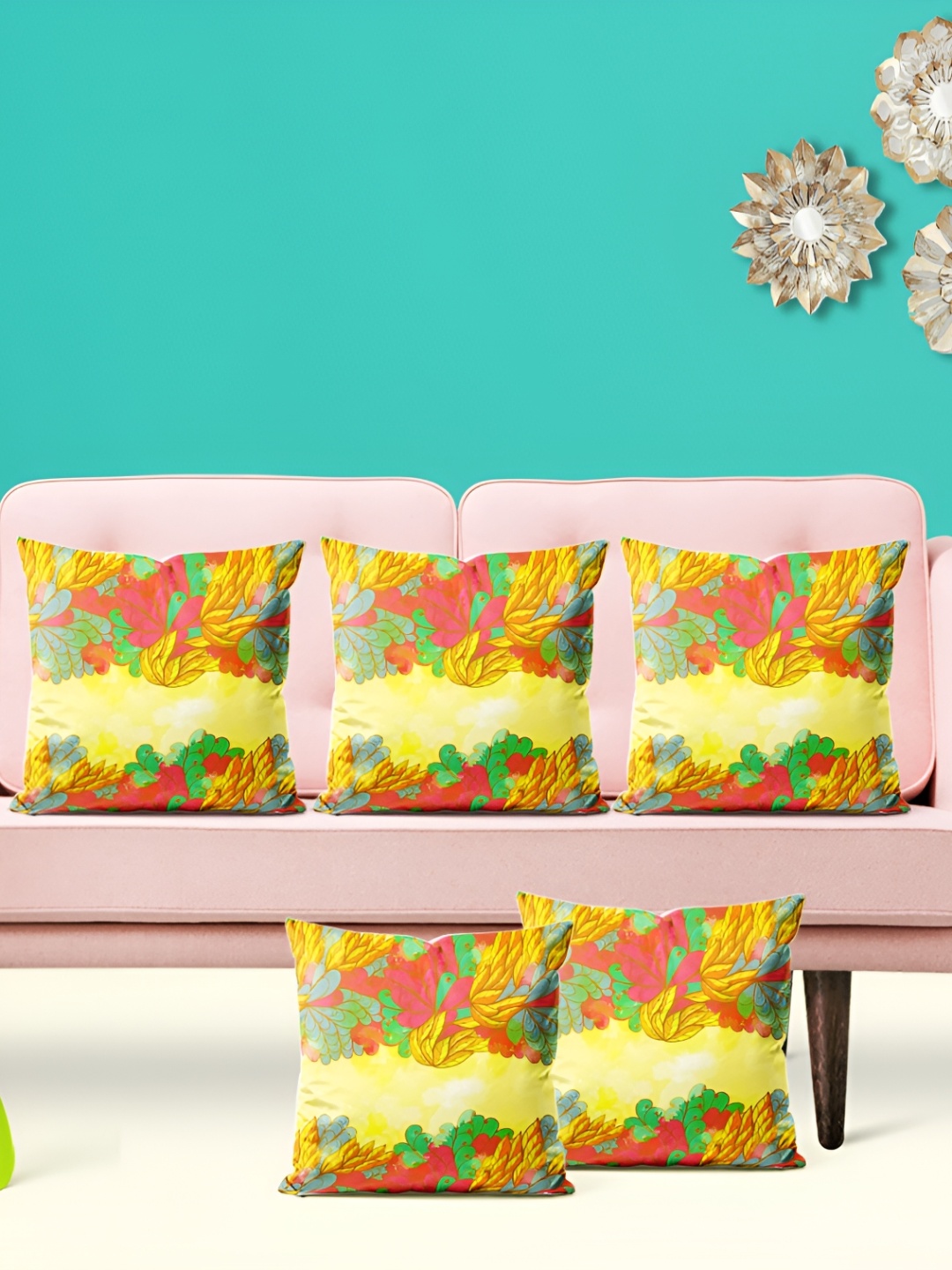 

ArtzFolio Yellow & White 5 Pcs Floral Square Cushion Covers