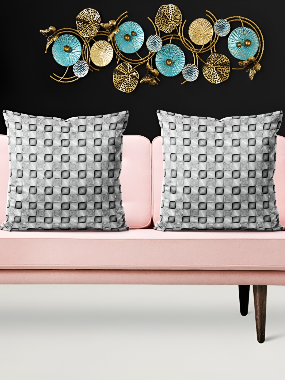 

ArtzFolio Black & Grey 5 Pieces Checked Printed Velvet Square Cushion Covers