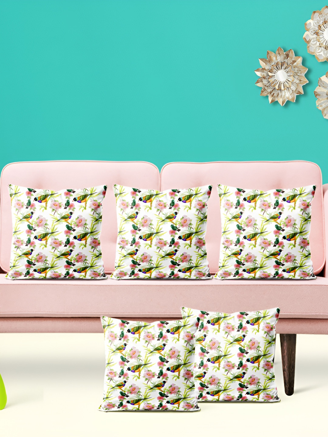 

ArtzFolio White & Green 5 Pieces Floral Printed Square Cushion Covers