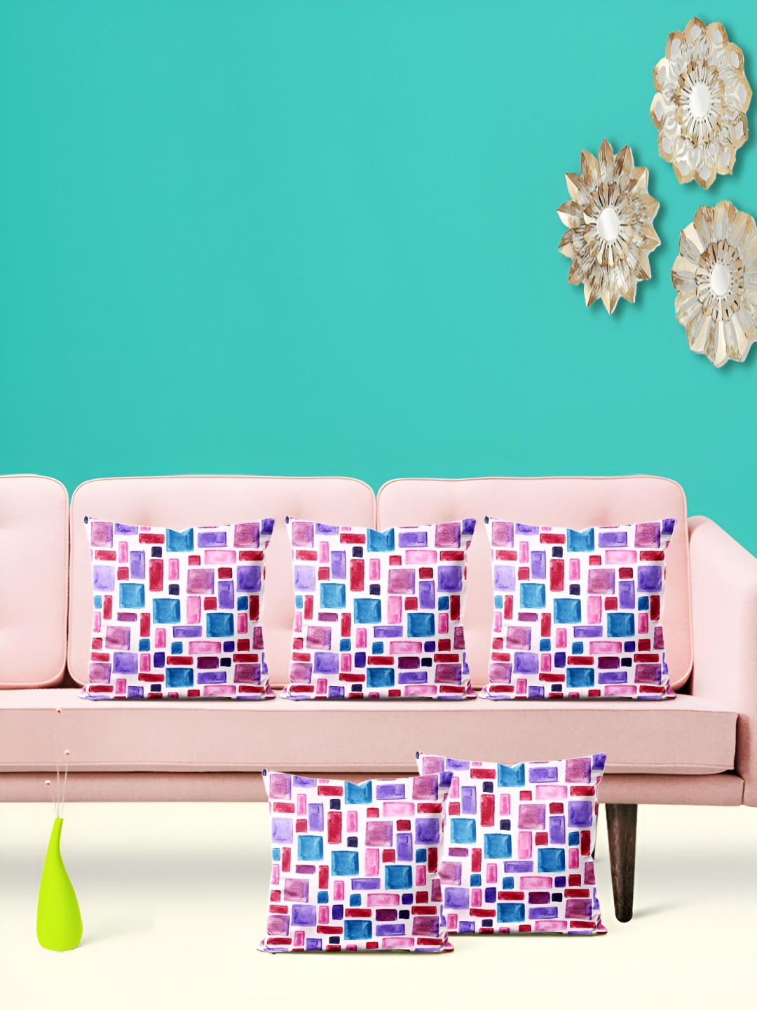 

ArtzFolio White & Pink 5 Pieces Geometric Printed Square Cushion Covers