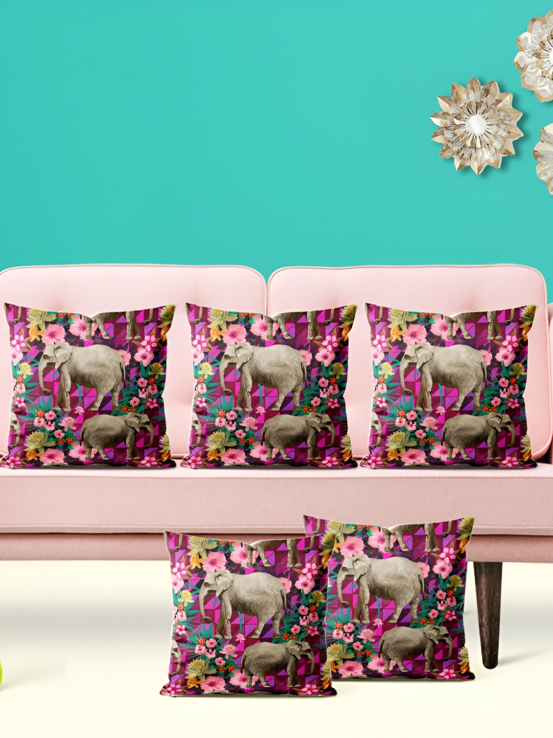 

ArtzFolio Pink & Brown 5 Pieces Printed Velvet Square Cushion Covers