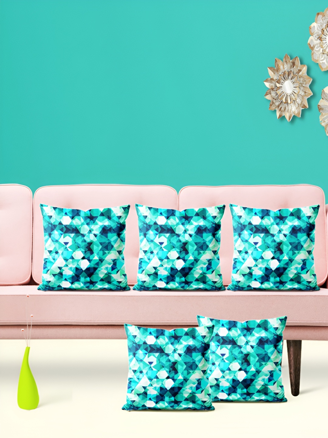 

ArtzFolio Blue & Green 5 Pieces Geometric Printed Square Cushion Covers