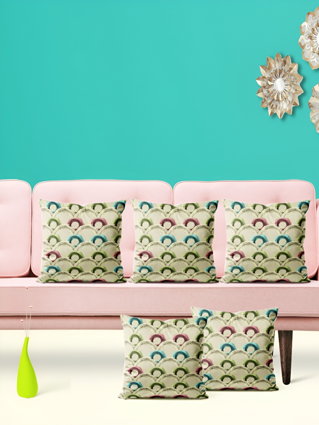 

ArtzFolio Beige & Blue 5 Pieces Printed Square Cushion Covers